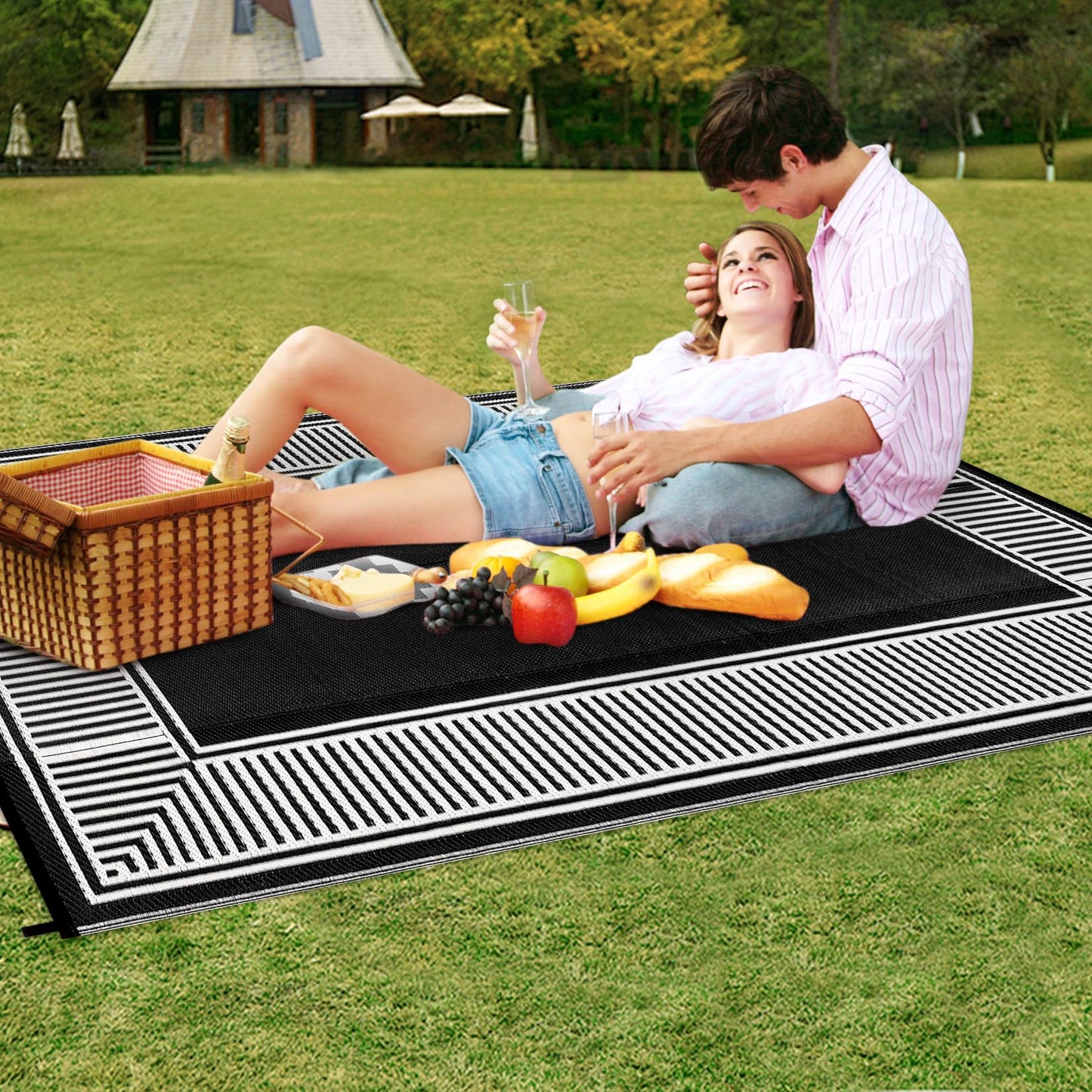 Garvee 9x12 Outdoor Rug for Patio Plastic Straw Rug Waterproof Reversible Mat Lightweight Foldable Carpet Easy Clean Large Rugs for Patio Porch Backyard Camping RV Beach Balcony Deck Border Black