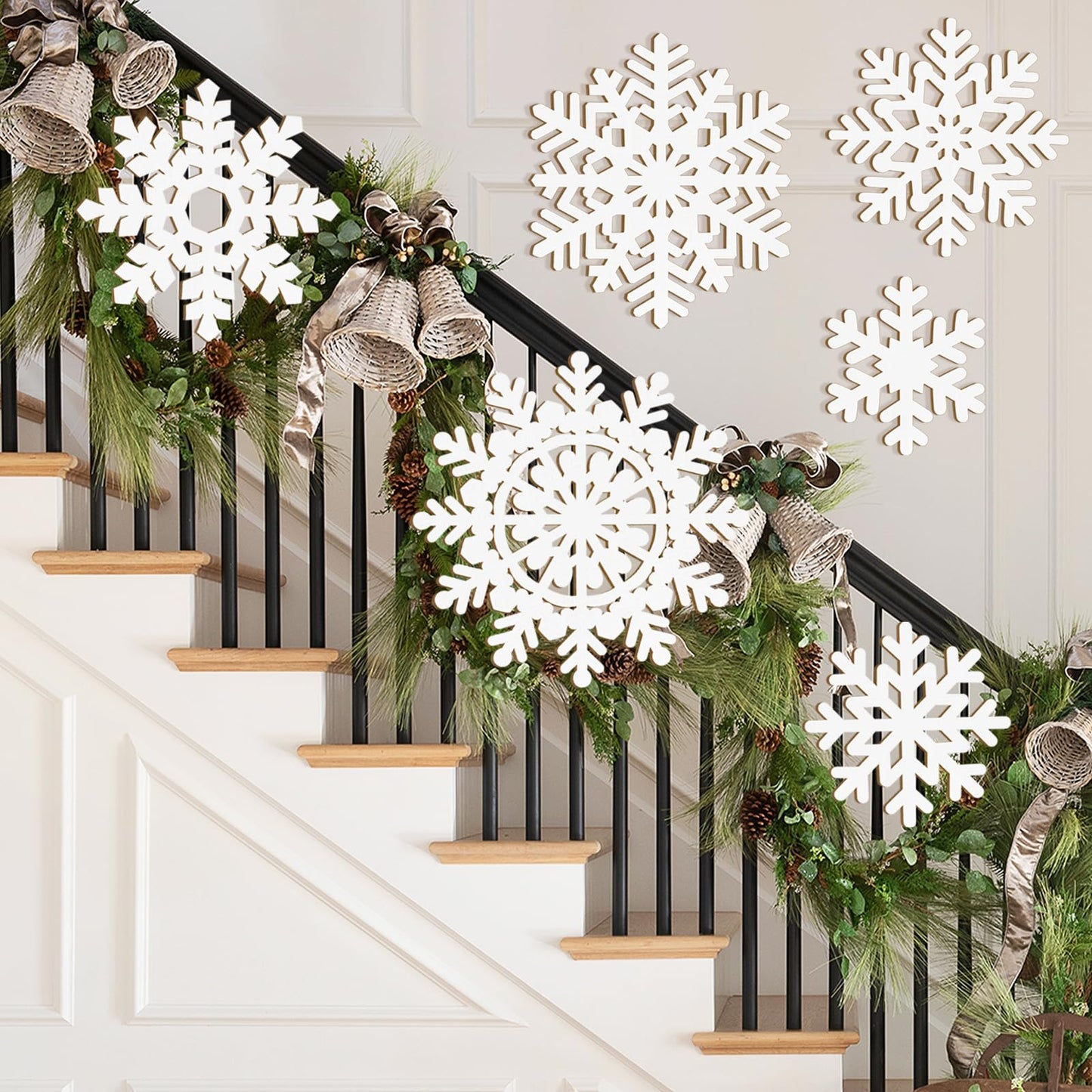Wooden Large Snowflake Ornaments Sign Christmas Decorations 6 Pack, Wood Hollow White Snowflakes Crafts Winter Hanging Plaques Decorations 6 Size of Cutouts New Year Wall Bedroom Living Room Decor