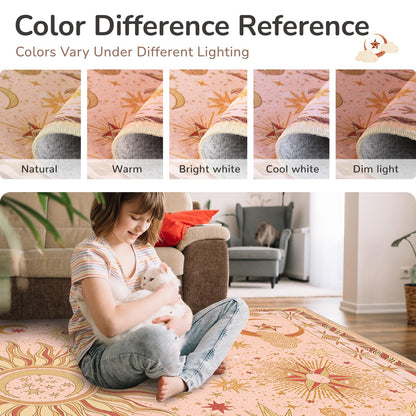 meejou 5x7 Area Rugs, Washable Vacuum-Friendly Non-Slip Rug Vintage Boho Gothic Sun and Moon Printed Pattern Low Pile Carpet for Living Room Bedroom Dining Room Hallway Entryway,Pink Gold Beige Red