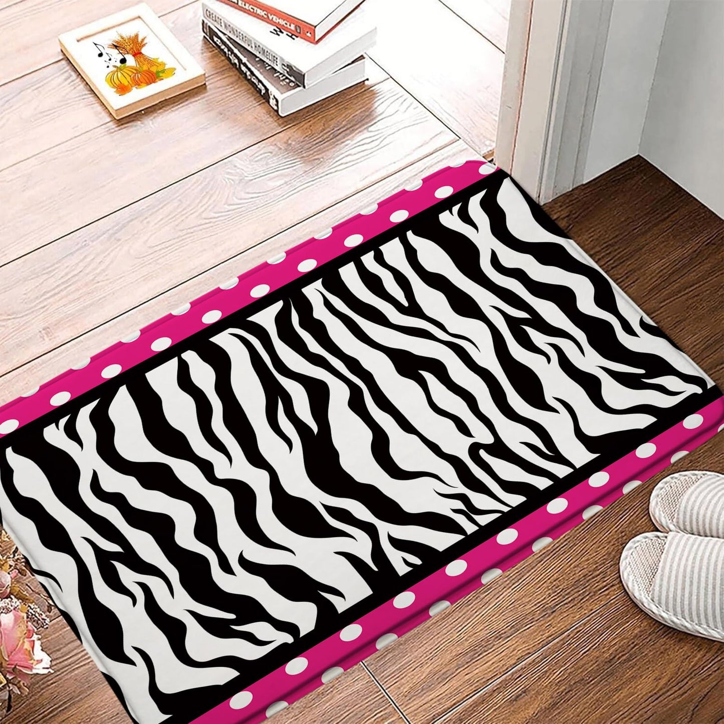 Sunhe Zebra Print Bath Mat Black White Zebra Stripe Polka Dot on Pink Creative for Girls Woman Modern Romance Memory Foam Home Office Door Bathroom Decor Mat,17.8"x29.5"