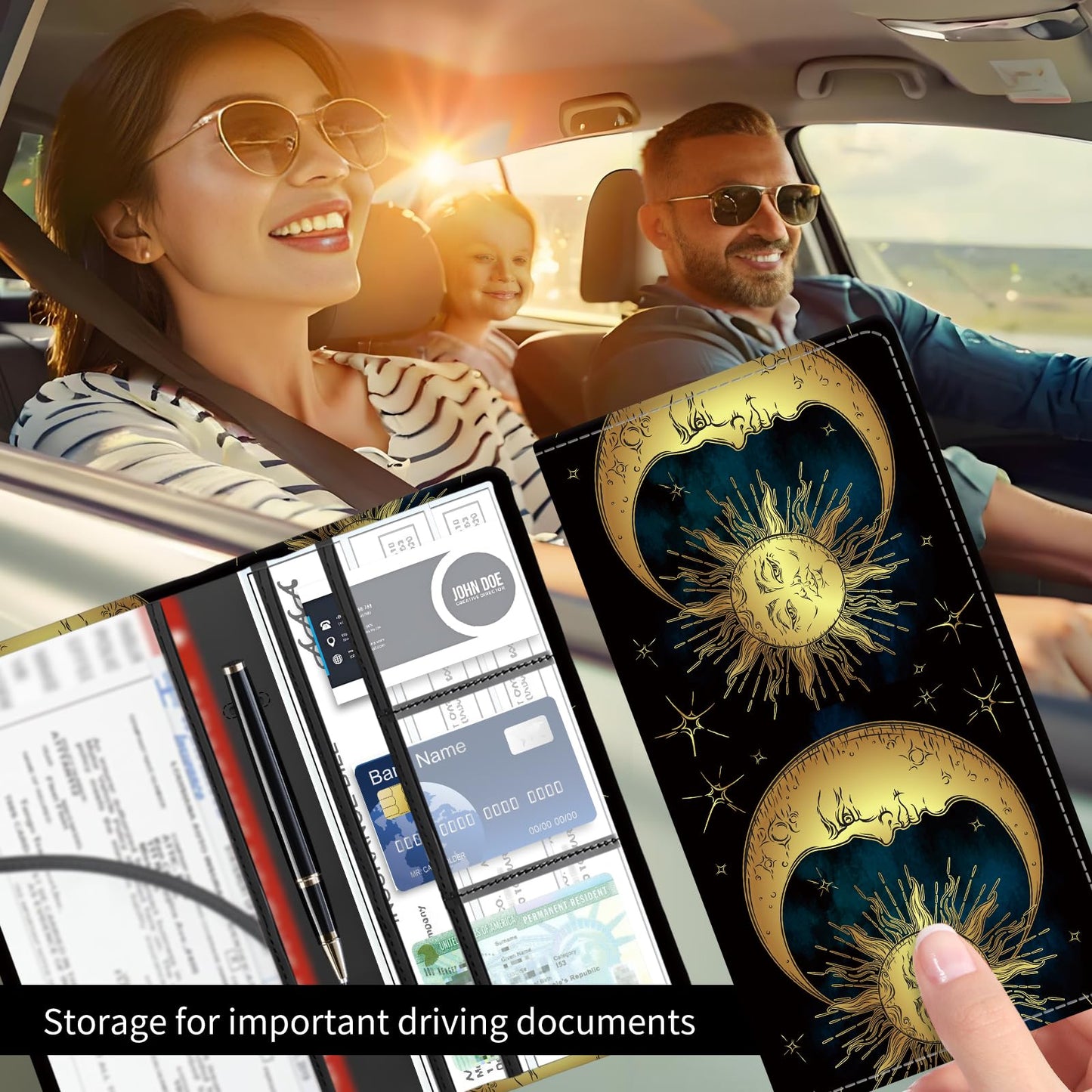 BAUCIWLD Premium Car Registration and Insurance Card Holder, Cute PU Leather Car Document Holder, Vehicle Glove Box Car Organizer with Magnetic Closure for Driver License, Cards Golden Sun and Moon