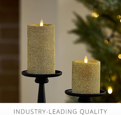 Luminara Rich Gold Glitter Ribbed Flameless LED Candle Moving Flame Pillar, Real Wax, Flat Top, Timer (3.25" x 4.5")