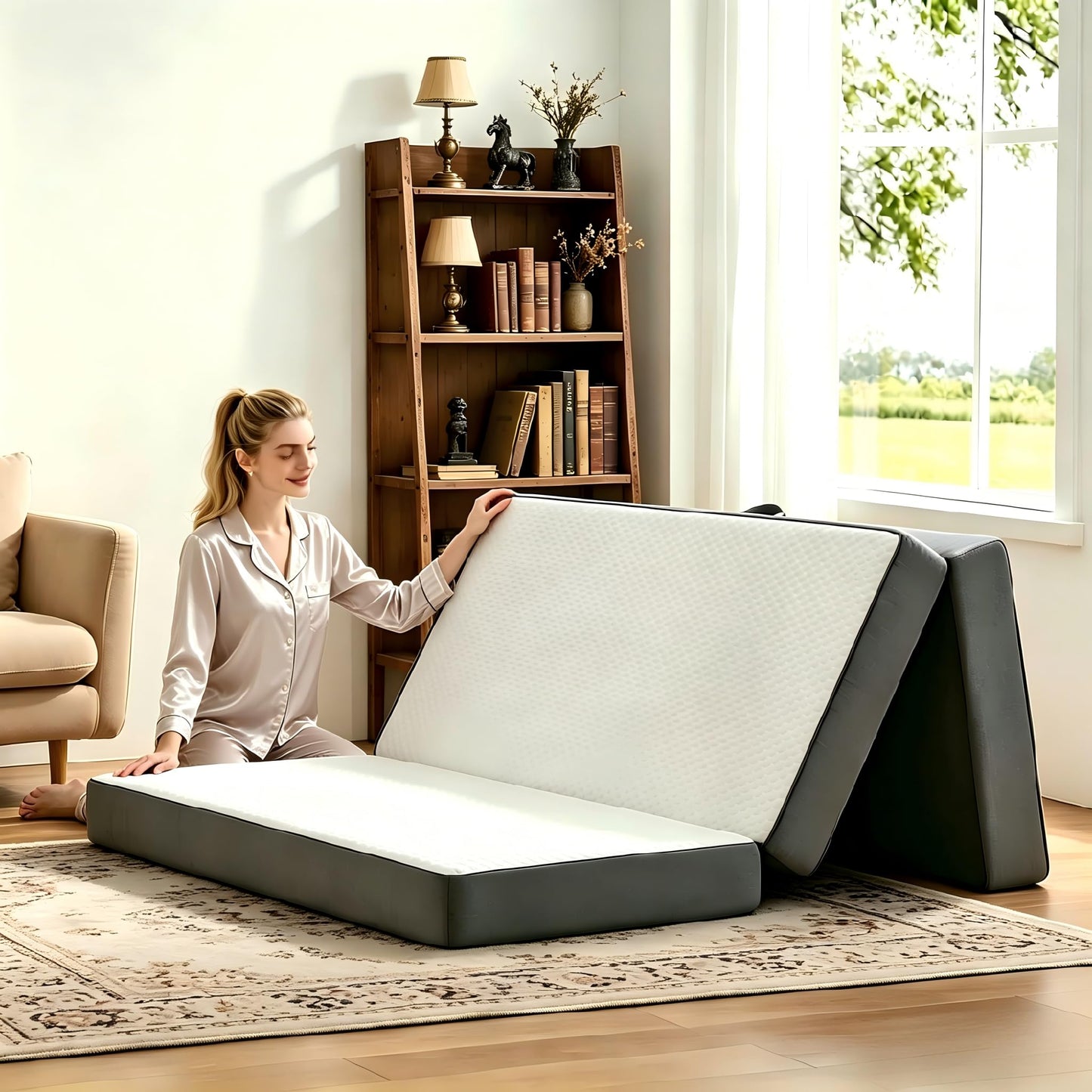 Folding Foam Mattress 4 Inch Foldable Floor Mattresses with Collapsible and Washable Cover, Portable Travel Mat Trifold Guest Mattress Camping Sofa Bed, Full 54"x75"x4"