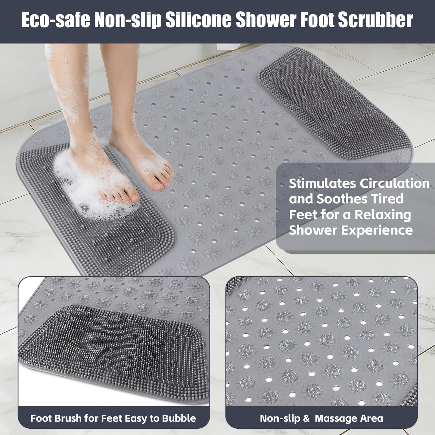 Rolcoassuns Bathtub Shower Mat Non Slip, 28.7x18.9 inch Silicone Bathroom Mat with Foot Scrubber on Both Sides, Drain Hole and Suction Cups, Machine Washable Bath Mats for Elderly, Pet (Gray)