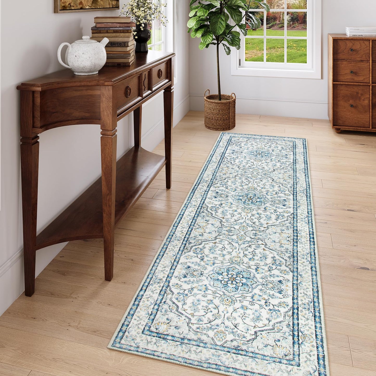 Lahome Oriental Washable Runner Rugs,2.5x8 Long Blue Bathroom Rugs Runner Non-Slip,Kitchen Runner Rugs Non Skid Washable,Traditional Low-Pile Wide Carpet Runner for Entryway Hallway Helena,8ft