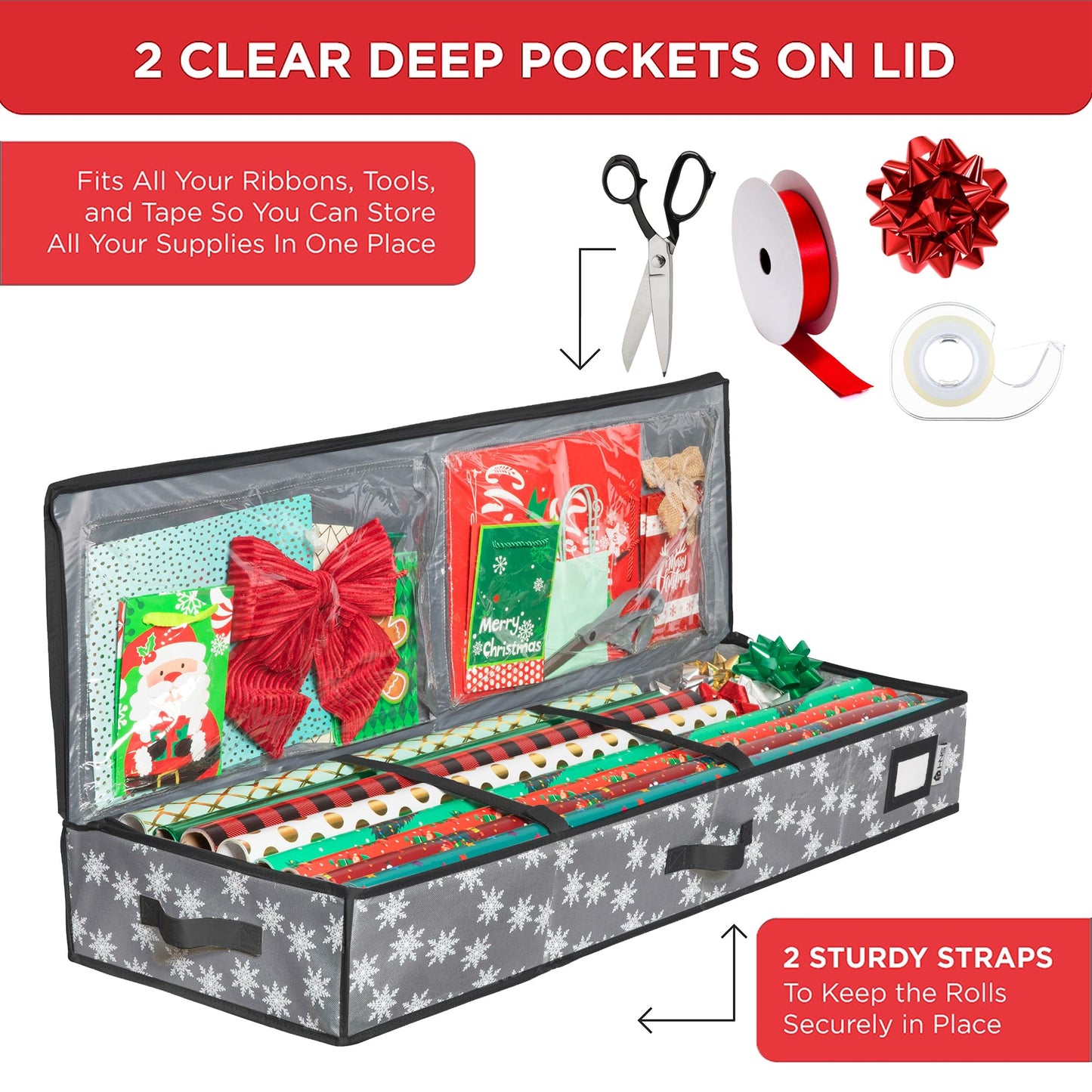 HOLDN’ STORAGE Premium Wrapping Paper Storage Container - Durable 600D Tear-Proof, Fits 27 Rolls Gift Wrap, Extra Pockets for Ribbons & Bows, Underbed Storage - Ideal for Holiday Christmas, Grey/White Snowflakes