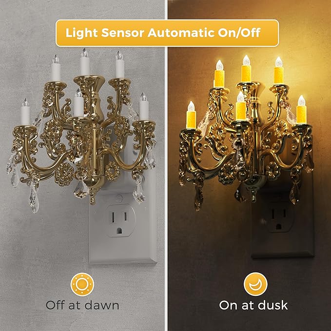 L LOHAS LED Night Lights Plug into Wall,2 Pack,Crystal Chandelier Candle Nightlight with Dusk to Dawn Sensor,Brightness Adjustable,3000K Soft White,Rotatable Plug Addtion for Home Decor,Hallway