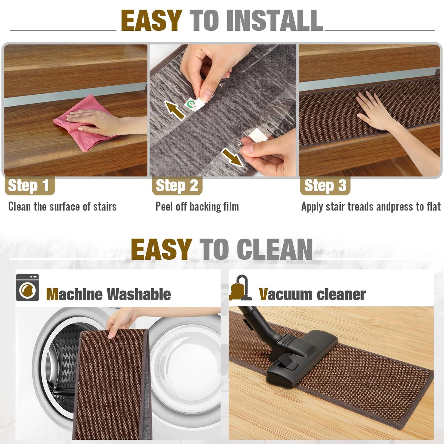 SMILOOL Stair Treads Non Slip for Wooden Steps Indoor 9" x 36" 4 Pack Extra Wide Stair Tread Carpet Stairs Runner, Step Pads with Reusable Adhesive for Dogs Kids Elders, Machine Washable, Brown