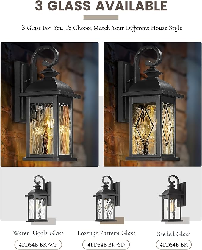 FEMILA Outdoor Wall Light Fixture,1-Light Exterior Waterproof Wall Sconce, 15" Front Porch Lights,Anti-Rust Matte Black Finish with Water Ripple Glass,4FD54B BK-WP