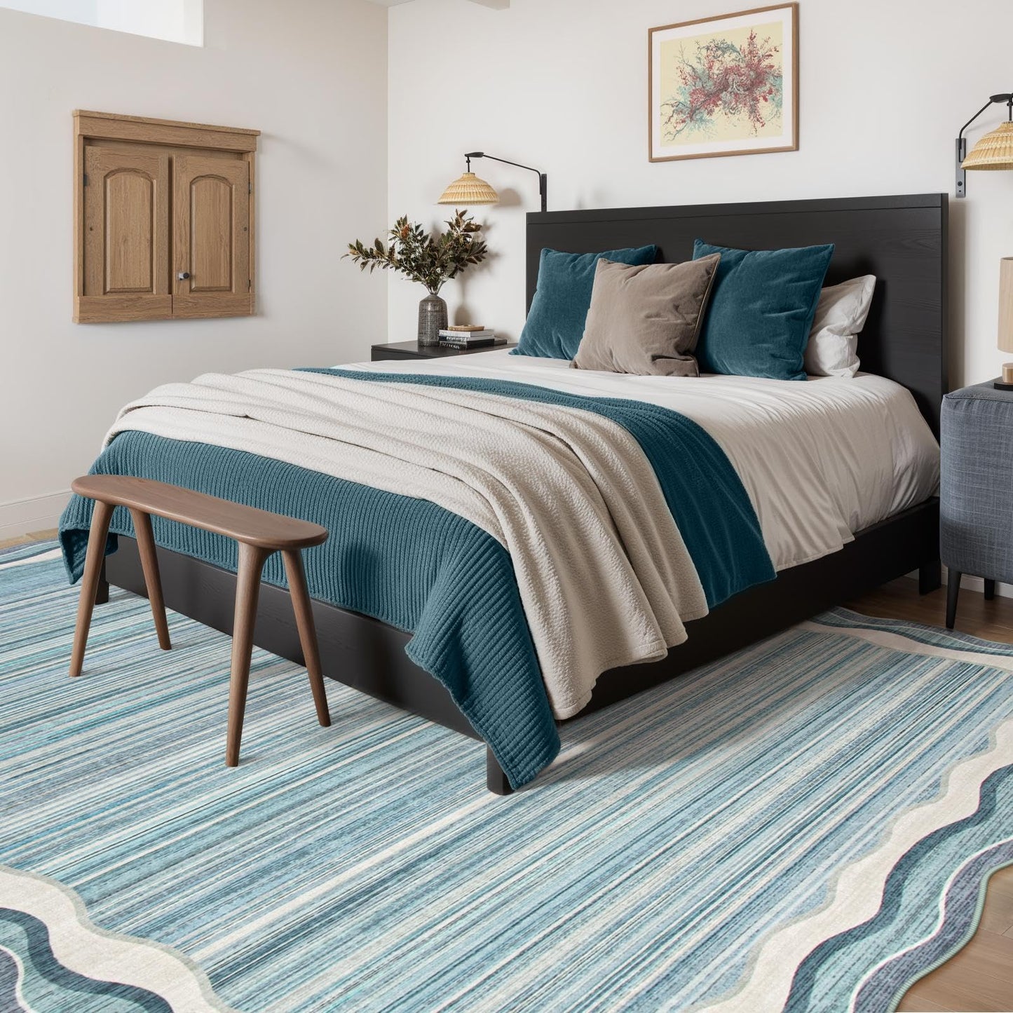 Lahome Estelle Scalloped 8x10 Area Rugs for Living Room, Washable Soft Blue Rug for Bedroom, Abstract Modern Non Slip Low Pile Indoor Carpet for Dining Room Home Office (Blue,8x10)
