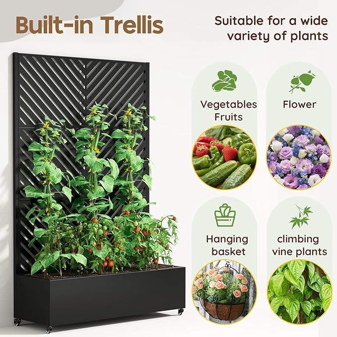 Metal Raised Garden Bed with Trellis & Wheels,72" x 47"x 15.7" Planter Box with Trellis,Privacy Planters for Patio,Garden Bed for Climbing Plants,Suitable for Climbing Plants and Vegetables,Black