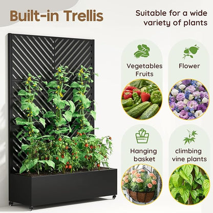 Metal Raised Garden Bed with Trellis & Wheels,72" x 47"x 15.7" Planter Box with Trellis,Privacy Planters for Patio,Garden Bed for Climbing Plants,Suitable for Climbing Plants and Vegetables,Black