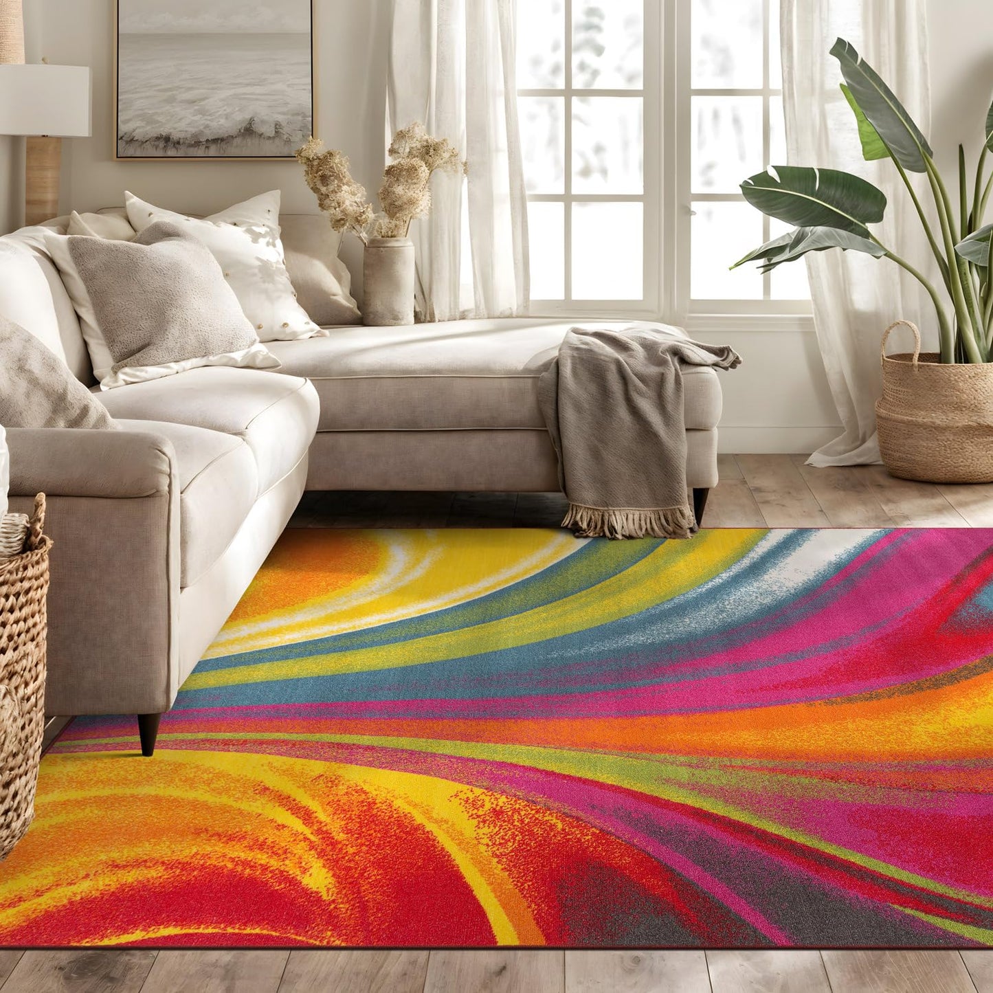 Rugshop Modern Contemporary Waves Non-Slip (Non-Skid) Area Rug 5 X 7 (5' 3" X 7' 3") Multi
