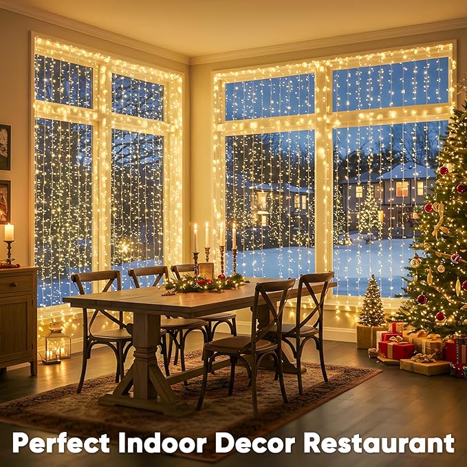 suddus 600 LED Christmas Curtain Lights Outdoor, 9.8x19.6ft Curtain Lights Plug in with Remote, Wall Hanging Lights for Christmas,Dorm,Wall,Window,Wedding,Party,Birthday Decor,Warm White