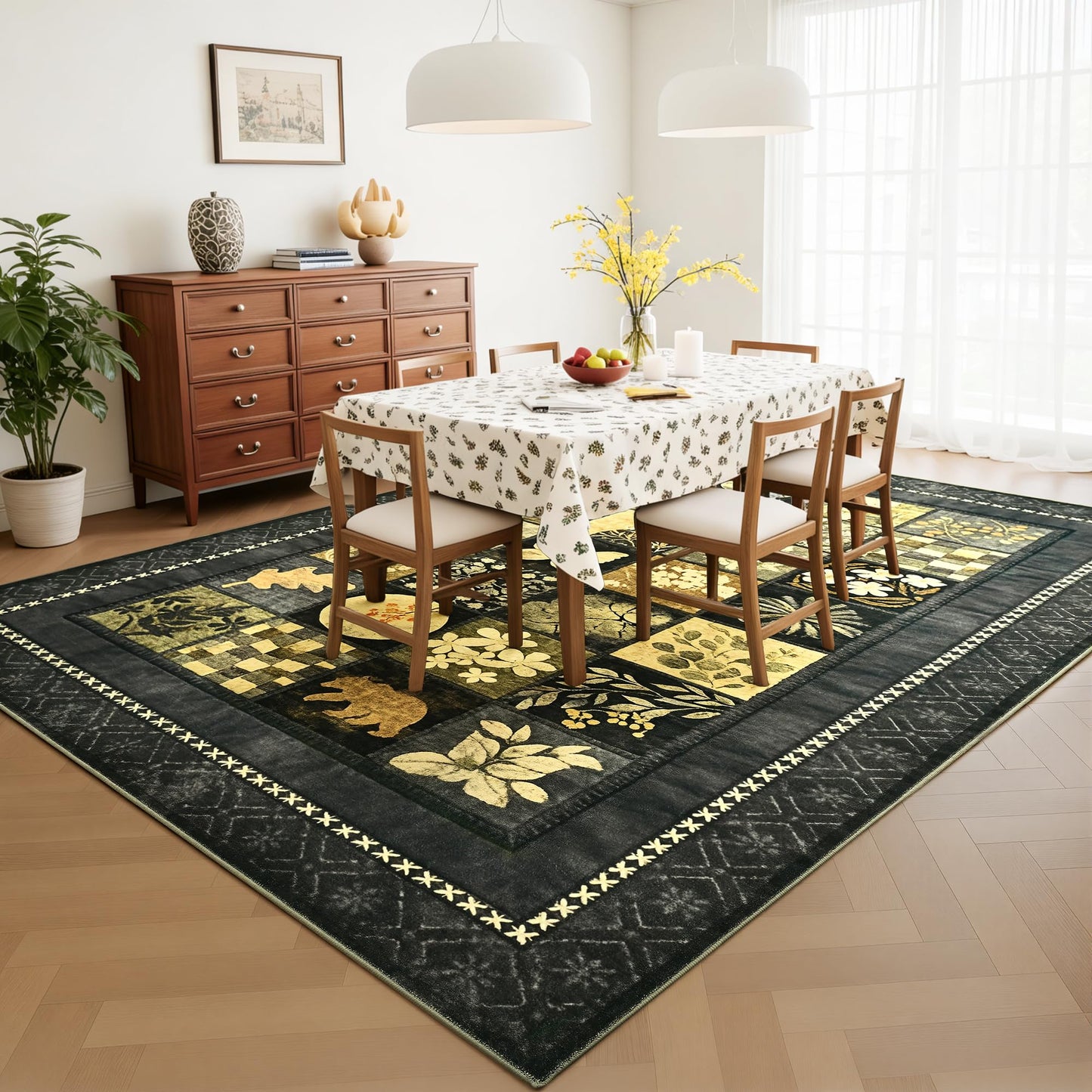 Tepook 4x6 Area Rugs for Living Room, Modern Large Geometric Rug for Bedroom, Washable Patchwork Rug Indoor Non Slip Throw Carpets for Dining Room Office Farmhouse Home Decor, Dark Grey