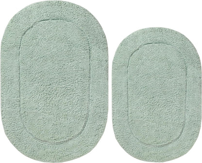 Superior Non-Slip 2 Piece Bath Rug Set, Ultra Plush, Soft and Absorbent 100% Combed Cotton Pile - Traditional Oval Bath Mat Set, Sage