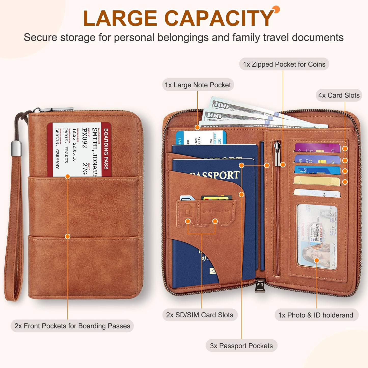 ZENTREON Family Passport Holder Wallet with Zipper, RFID Blocking Travel Document Organizer, PU Leather Passport Wallet for Women Men, Passport Cover Travel Wallet for Boarding Pass, ID, Money, Ticket