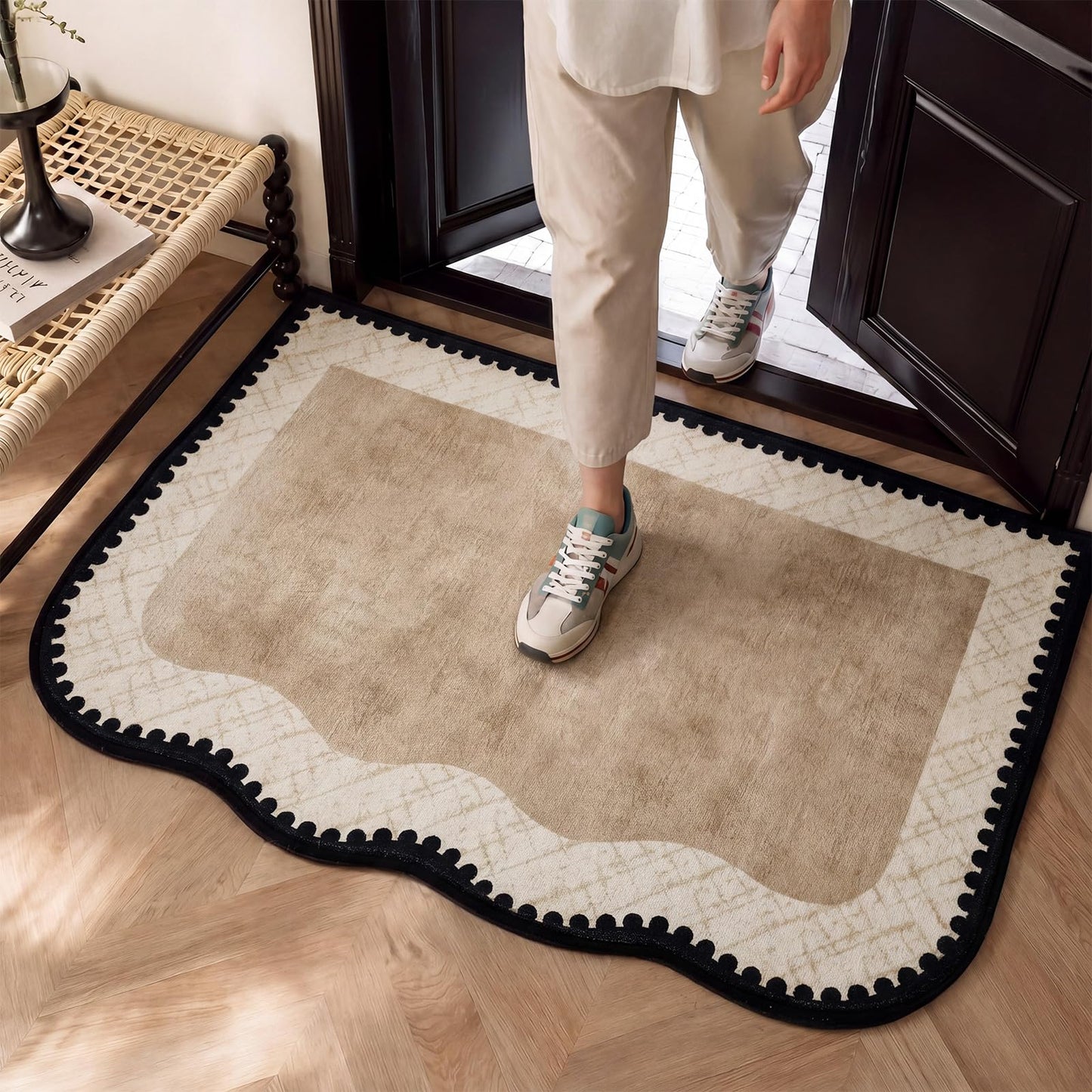 Breling Khaki Entryway Rug 2 x 3 ft Large Scalloped Welcome Mat Non Slip Washable Doormat Front Door Throw Rug for Farmhouse Indoor Kitchen Laundry Porch Bathroom Decor