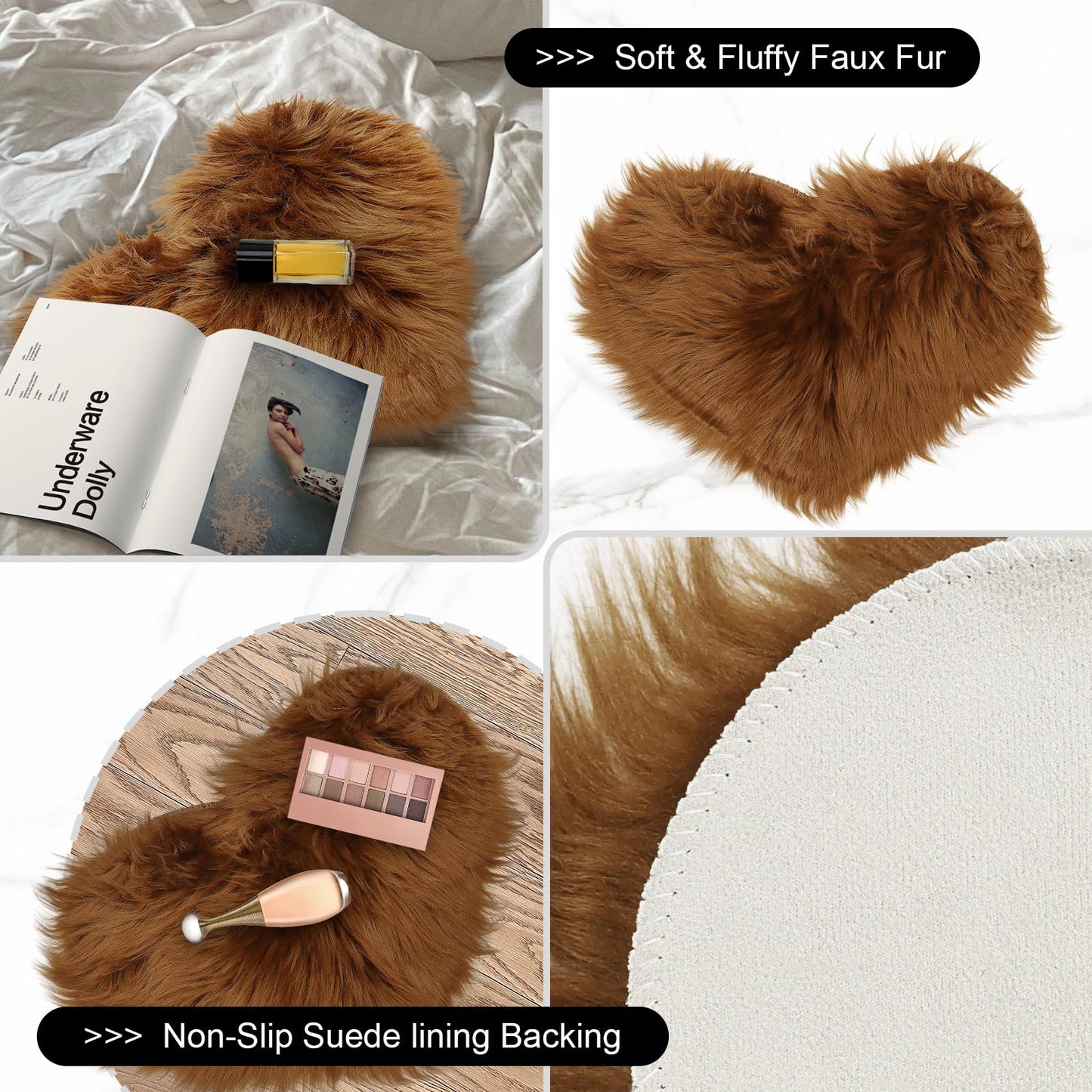 Luomorgo 2 Pcs Heart Shaped Faux Fur Rugs Small - 12x16 Inch Fluffy Plush Area Carpets for Locker, Tabletop & Nail Art Photography, Jewelry Photo Props Background (Brown)