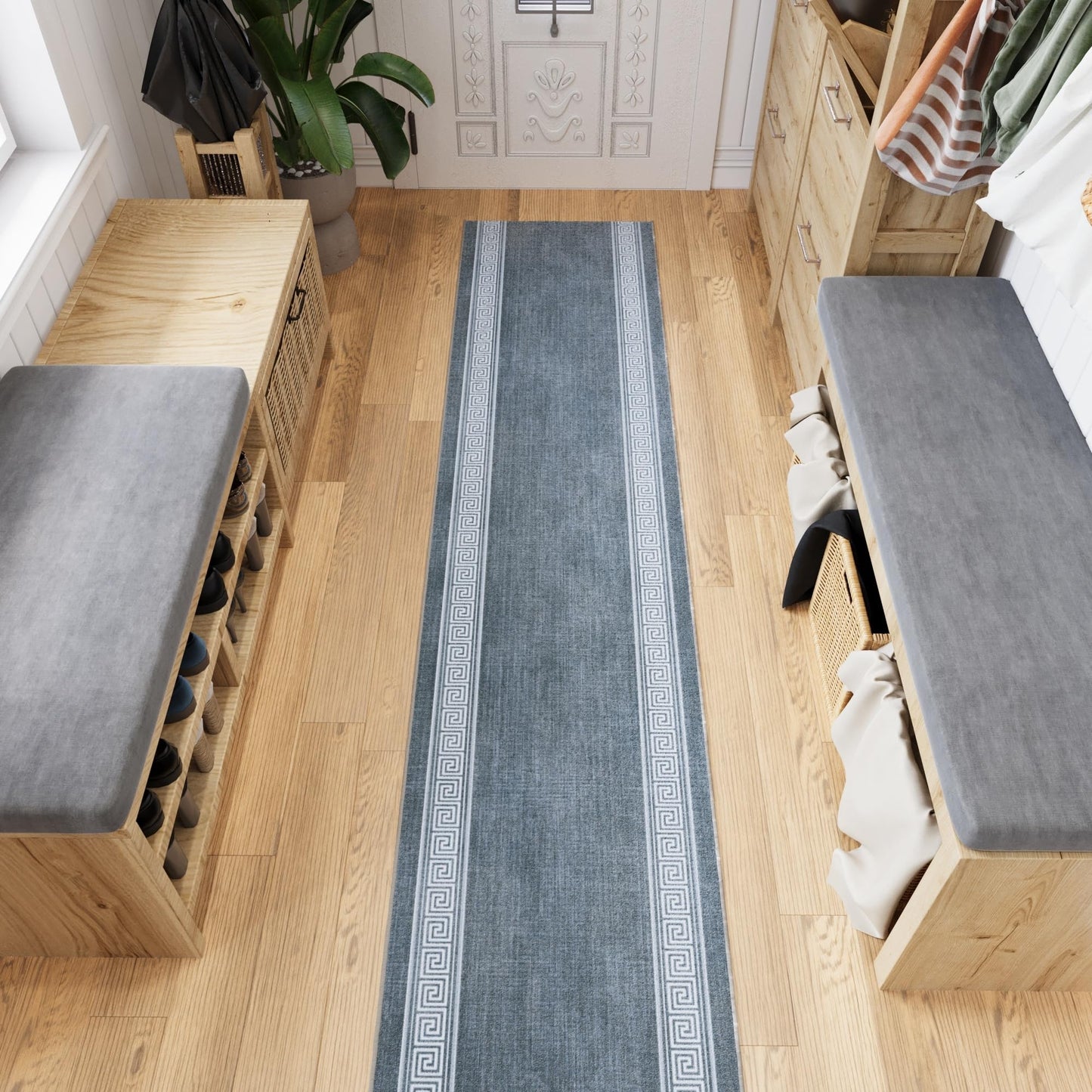 Ottomanson Kitchen Runner Rug 1'10.5" x 6' – Machine Washable Soft Non-Slip Rug, Quick Dry Low Pile Carpet for Kitchen, Bathroom & Entryway, Greek Border Greyish Blue