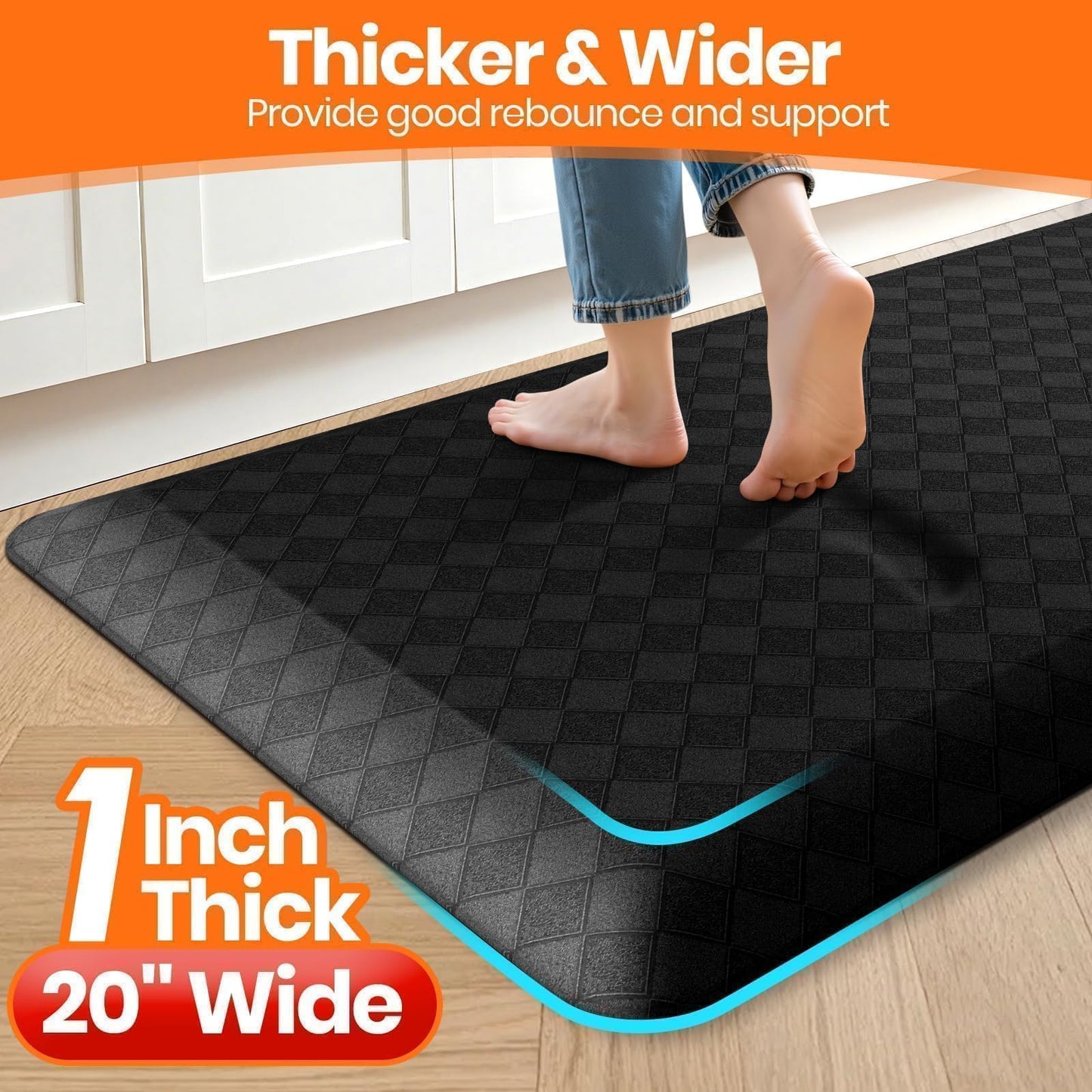 StepRite 1” Thick Kitchen Mats for Floor, Anti Fatigue Kitchen Rugs, Non-Slip,Heavy Duty Water Resistant Kitchen Rug, Standing Desk Mat for Friends, Family, Home, Kitchen, Office (72" x 20", Black)