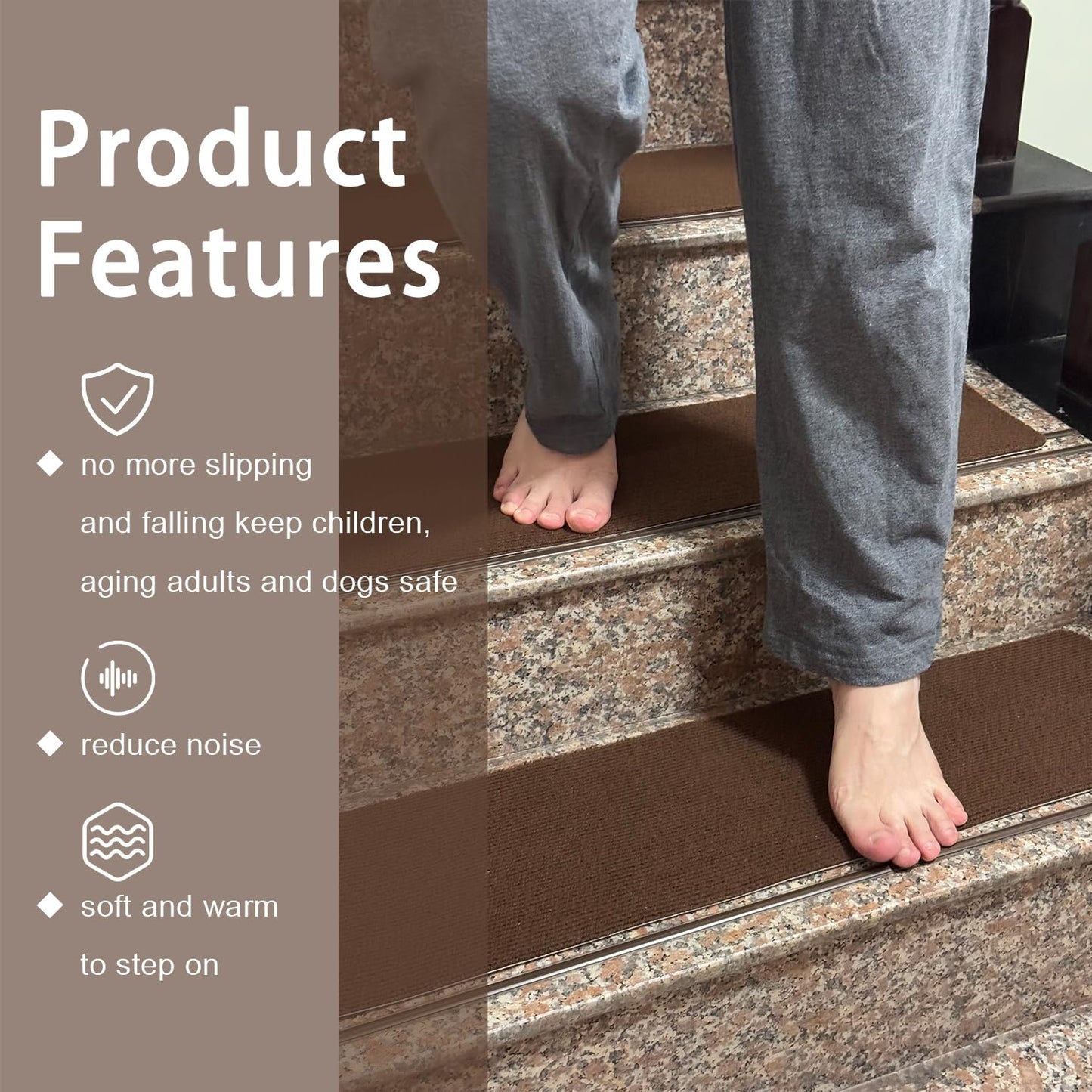 Tigsport Nonslip Stair Treads Wooden Steps, 15 PCS 30" x 8" Safety Rug Slip Resistant Runner with Reusable Adhesive, Carpet Landing Mat for Family Elders Pets Soft Stair Mats Indoor (Black)