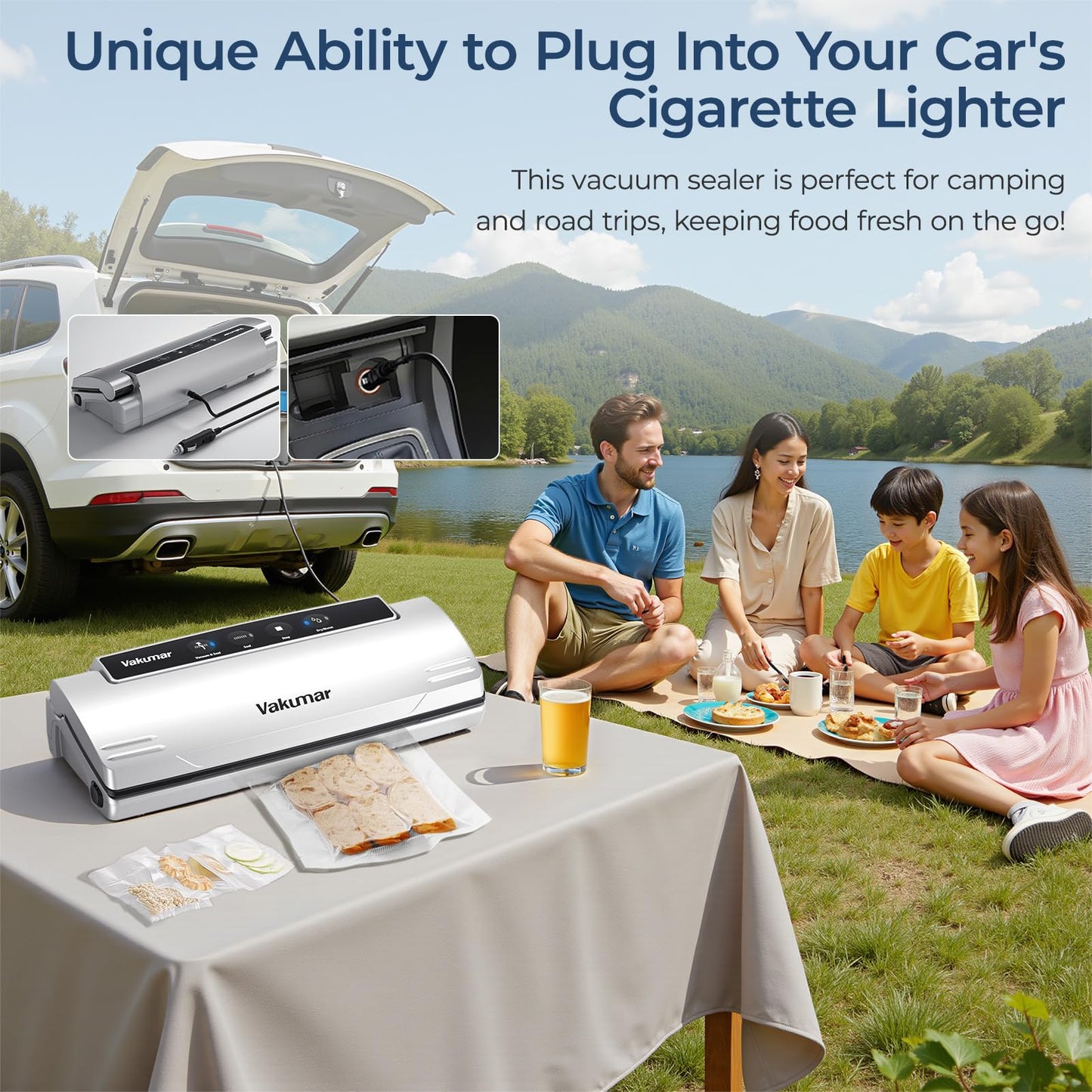 Upgraded Vacuum Sealer Machine for Food, 8 in 1 Food Sealer Vacuum Sealer with Powerful Suction, Dry & Moist Modes, Sous Vide Compatible, Included Car Charger(In-vehicle use)