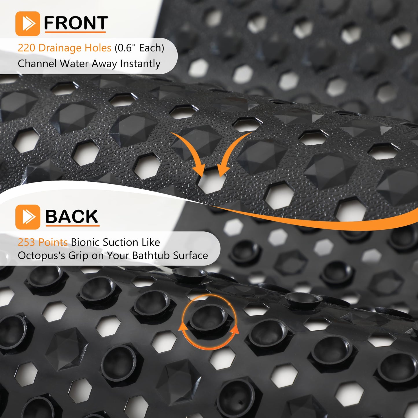 Yimobra Bathtub Mat Non Slip, 34.5"X15.5" Long Shower Mat for Inside Shower, Machine Washable Bath Mat with Drain Holes & Strong Suction Cups, Soft on Feet, Bathroom Essentials, Black