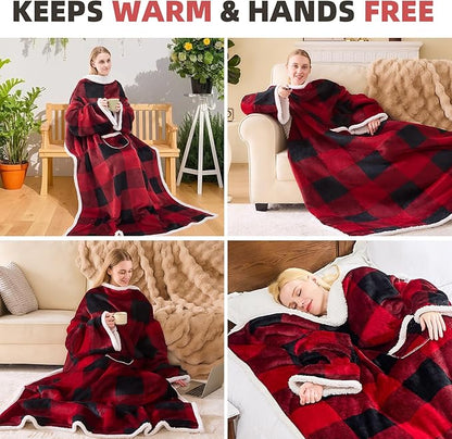 IFNOW Sherpa Wearable Blanket with Sleeves for Women Men Adults, Cozy Wearable Blanket with Arm and Pocket, Warm Full Body TV Wrap Throw blanket, Soft Robe Blanket as Gifts for Mom Wife, Plaid