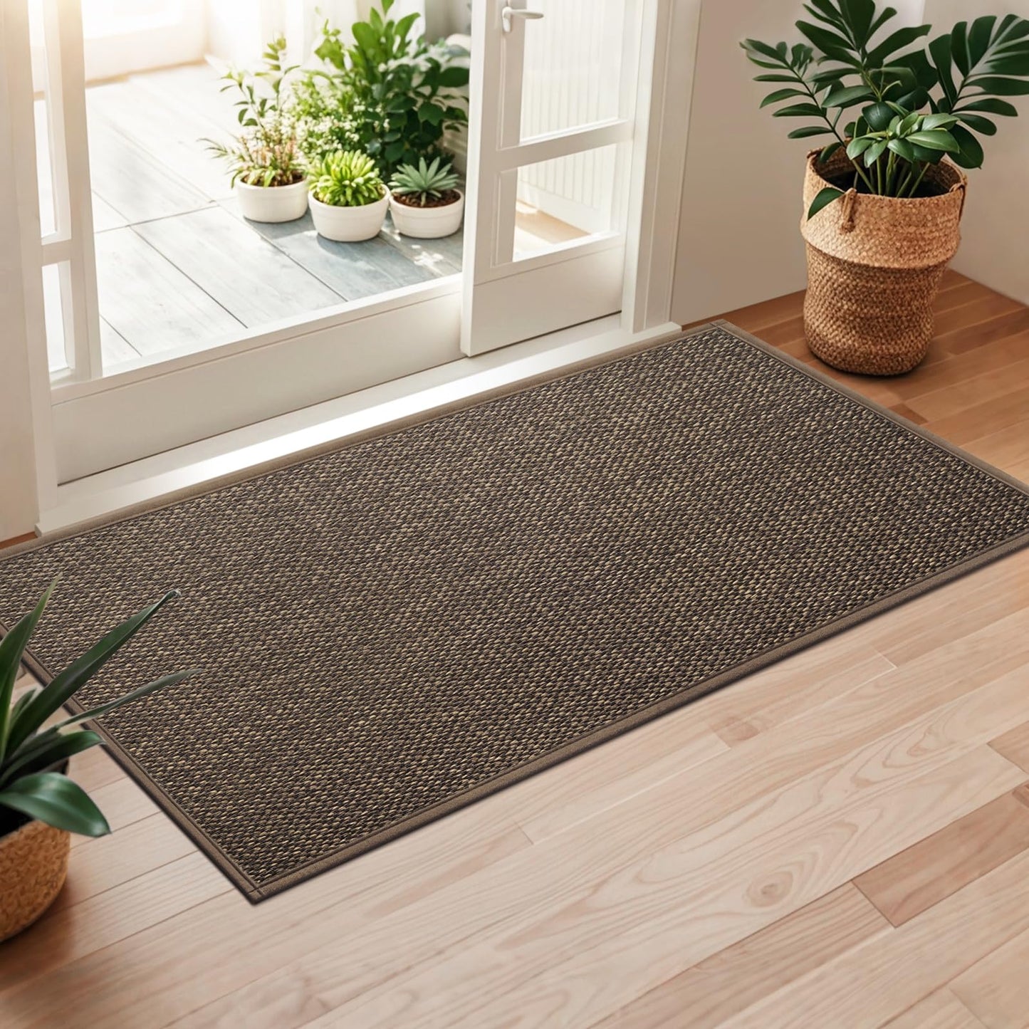 LEKEEPGO Door Mat 24"x47", Non Slip Door Mat Indoor Entrance, Rubber Backing Front Indoor Doormat Washable Absorbent Low-Profile Entryway Entry Resist Dirt Inside Door Mats, Brown