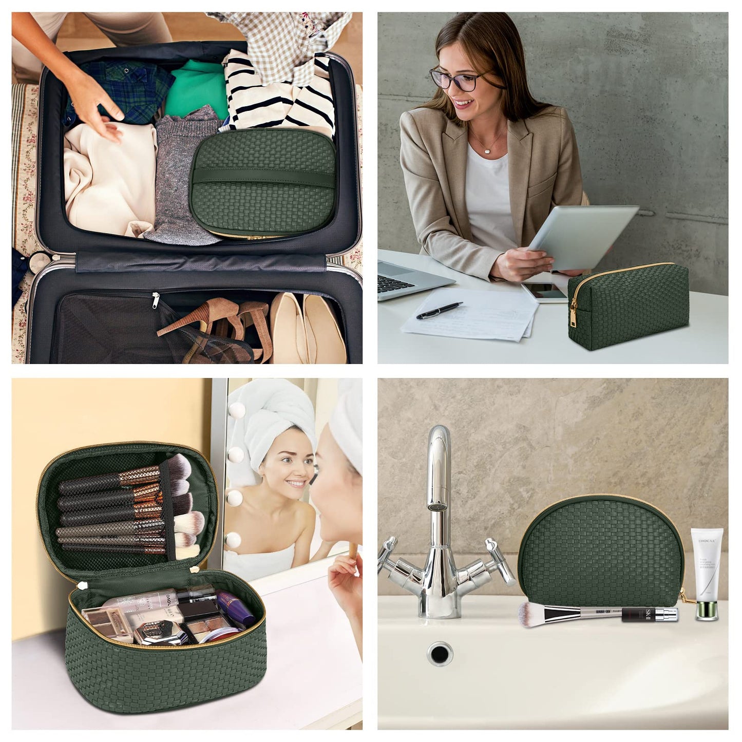 KTMOUW Makeup Bag 3 Pcs Waterproof Cosmetic Bag Set Portable Travel Cosmetic Bag Multifunction Organizer Storage Bag Weave Toiletry Bag for Women, Deep Green