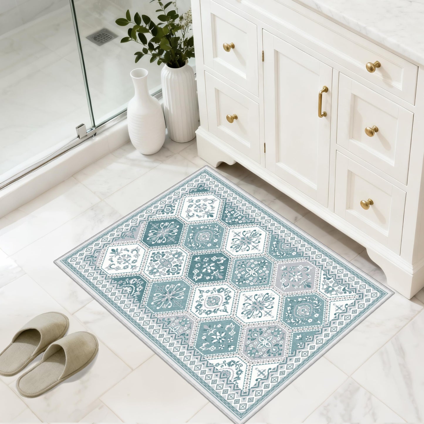 TTelephant 2x3 Washable Entryway Rugs, Soft Non-Slip Boho Moroccan Rug, Low-Pile Printed Indoor Teal Throw Rugs for Entrance, Kitchen, Bedroom Bedside- Teal