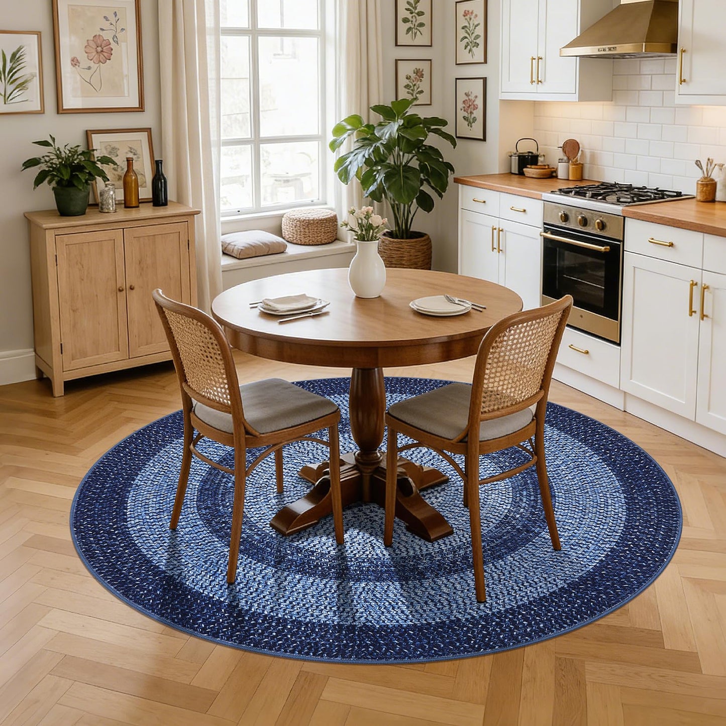 Modern Bordered Round Area Rug 4ft Washable Bedroom Circle Rugs Non Slip Stain Resistant Dining Room Round Throw Carpet Contemporary Circle Mats for Living Room Kitchen Nursery, Navy