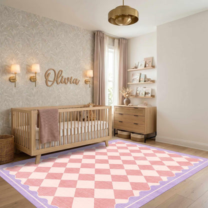 OHWPEAT Pink Purple Checkered Washable 5x7 Area Rug for Living Room, Non Slip Low Pile Cute Rug for Nursery, Soft Indoor Carpet for Bedroom, Kids Nursery, Classroom, Playroom, Kitchen, Dining, Dorm