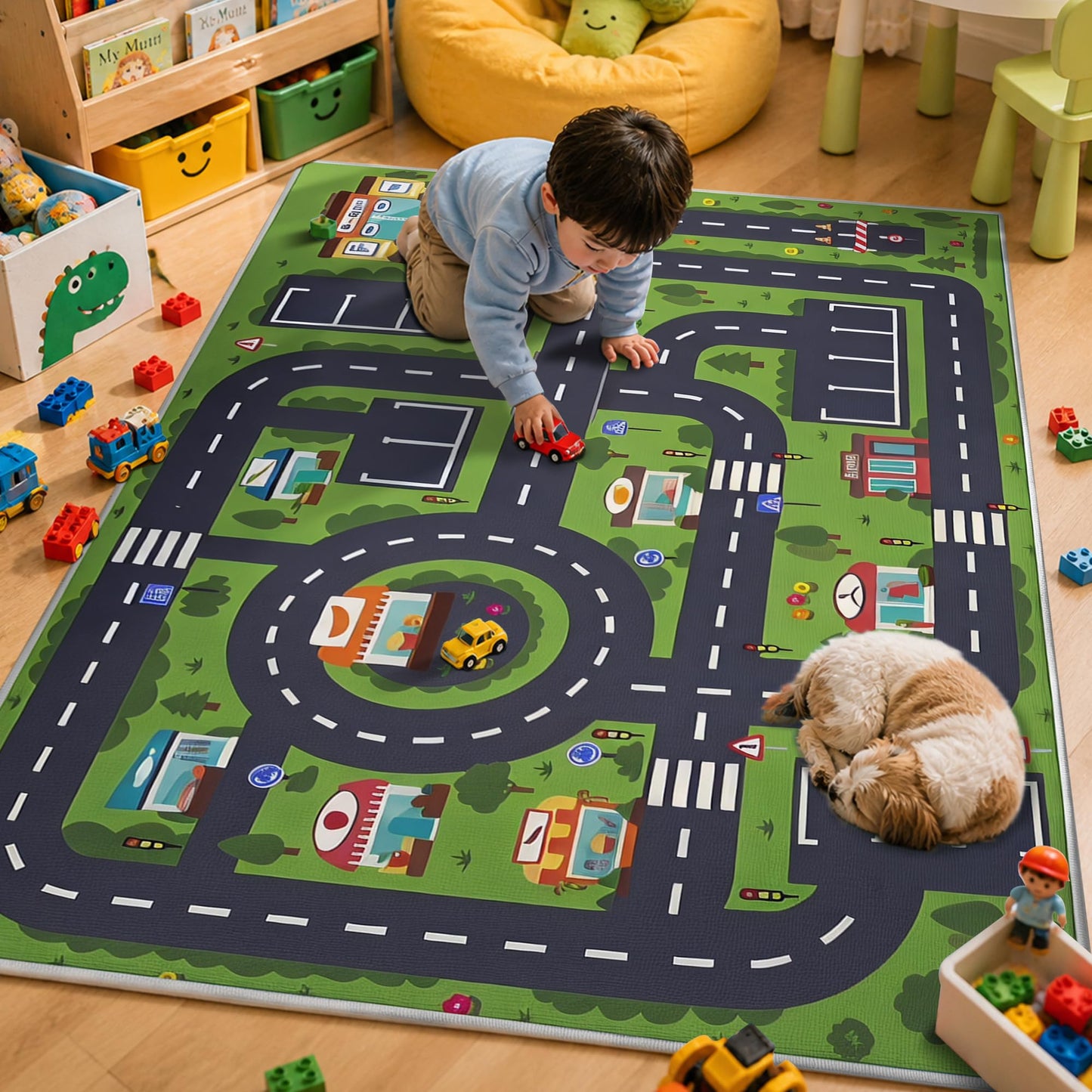 Enkor Kids Rugs, Non Slip 3' x 5' Road Playmat Carpet for Children, City Map Rugs for Playroom Bedroom Living Room Green