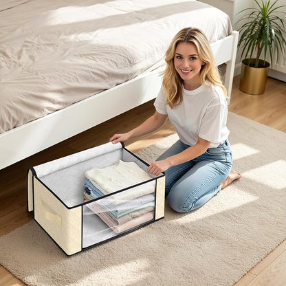 Fab totes 35L Closet Organizers and Storage, Foldable Under Bed Storage Containers, Storage bags for Organizing Bedroom, Closet, Clothing,Organization with Handle (3 Pack,Beige)