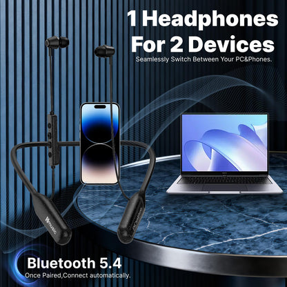 Hmusic H25 Neckband Bluetooth Headphones 200hrs Long Battery Life, Wireless Earbuds Bluetooth 5.4, IPX5 Waterproof, Around The Neck Headphones w/ENC Mic, for Work/Cycling/Game/Gym/Long Trips