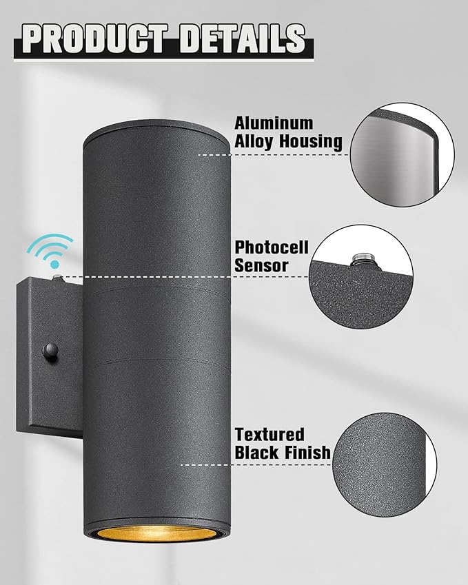 Ken & Ricky Dusk to Dawn Outdoor Lighting,Outdoor Wall Sconce Lights, Black Exterior Lighting Fixtures,Cylinder Outdoor Light Fixtures for House Garage Front Door Patio Entryway 1 Pack