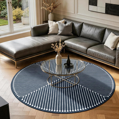 YIHOUSE Modern Washable 6ft Round Rug for Living Room, Dark Blue 6x6 Circle Rugs for Bedroom Non Slip Non Skid, Soft Striped Carpet for Dining Room Playroom Home Office Decor