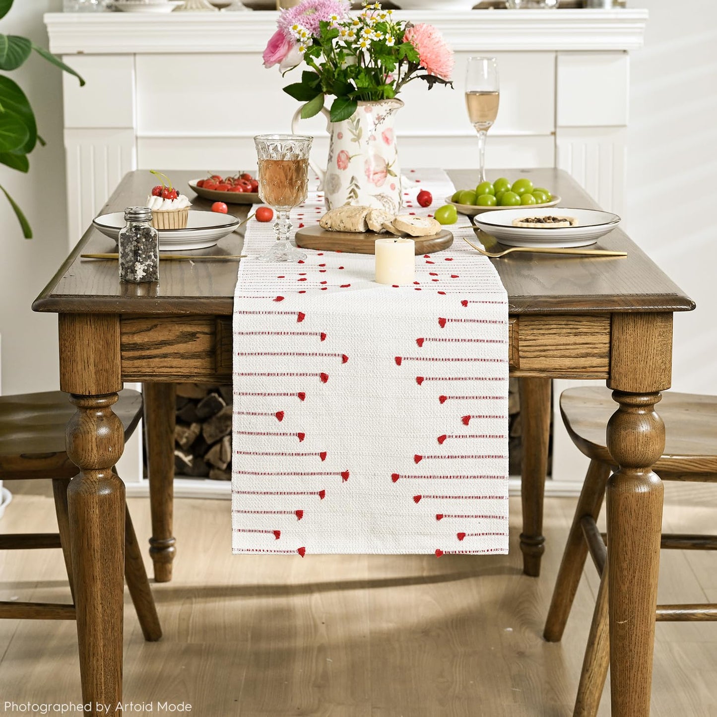 Artoid Mode Red Boho Table Runner for Farmhouse Rustic，Seasonal Holiday Macrame Burlap Kitchen Dining Table Decoration for Home Party Decor 12x72 Inch