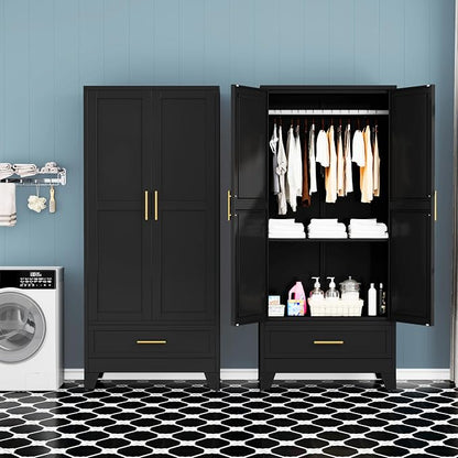 GAIOUS Metal Armoire Wardrobe Closet Cabinet with 2 Doors and Drawer, 71" | Household Wardrobe Cabinet with Hanging Rod, Clothing Storage Cabinet with Adjustable Shelf for Bedroom Cloak Room Gym Black