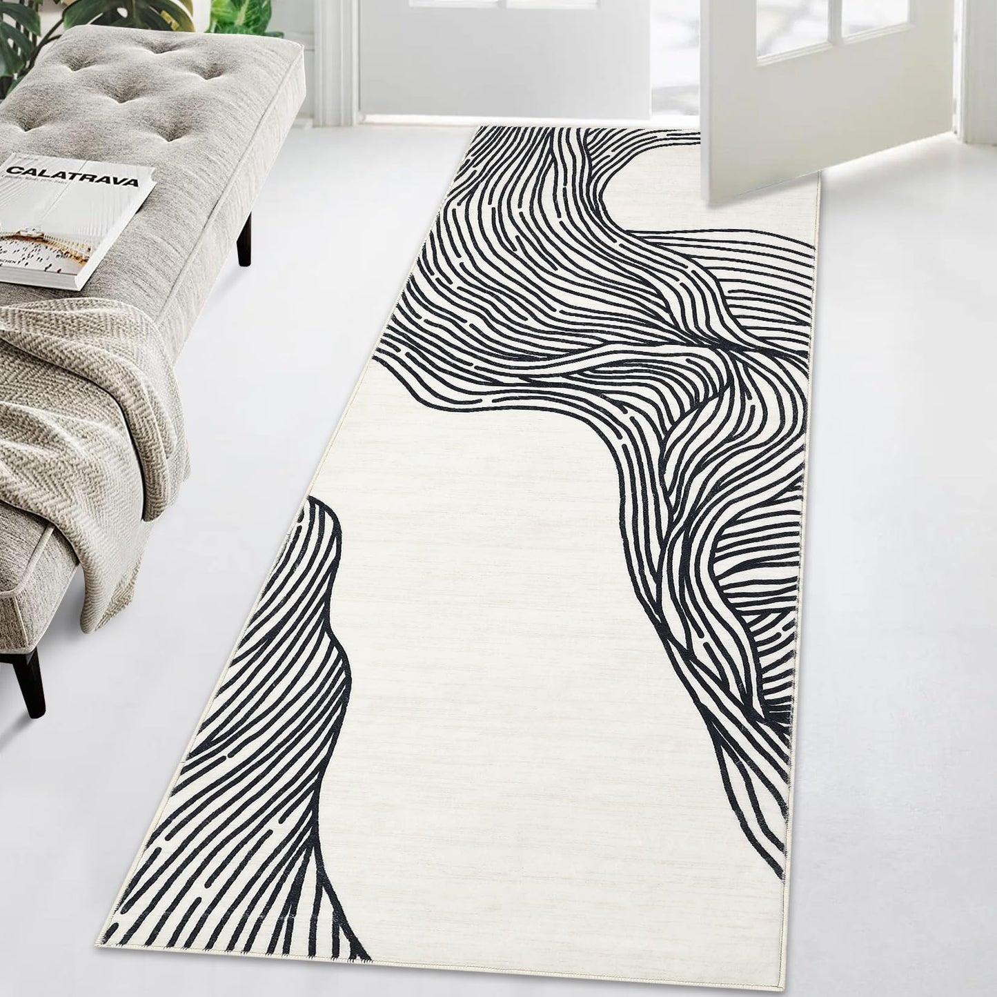 Garvee Washable Runner Rug 2x6 Modern Runner Rug Non Slip Abstract Hallway Runners Indoor Soft Low Pile Lines Printed Entryway Runners Aesthetic Minimalist Bedside Floor Mat for Laundry Kitchen, Cream