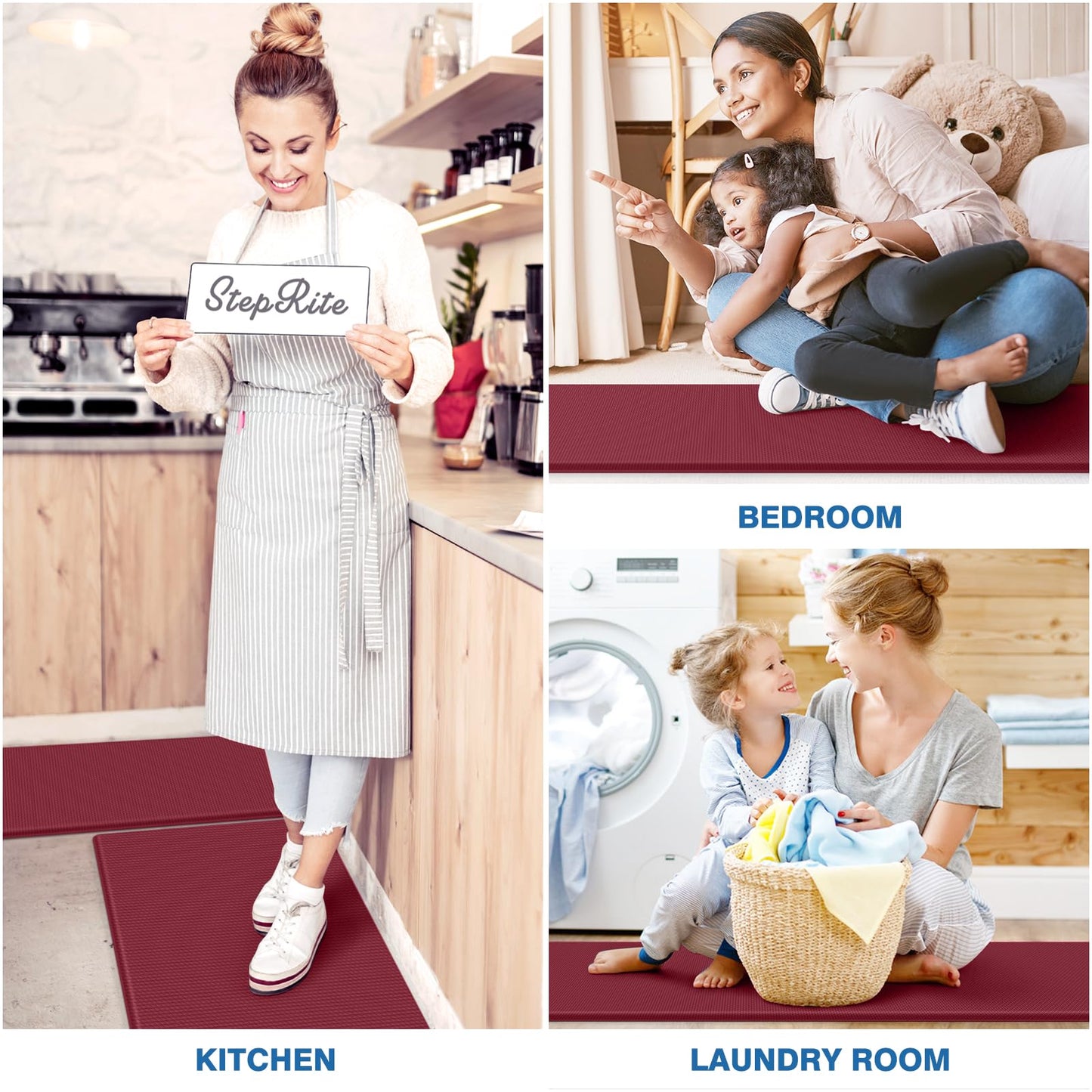StepRite Kitchen Mats, 2PCS Kitchen Rugs, Cushioned Anti Fatigue Kitchen Mats for Floor, Non-Slip Standing Desk Mat, Waterproof Kitchen Rug Set for Kitchen, Floor, Office, 17.3"x30"+17.3"x47", Red