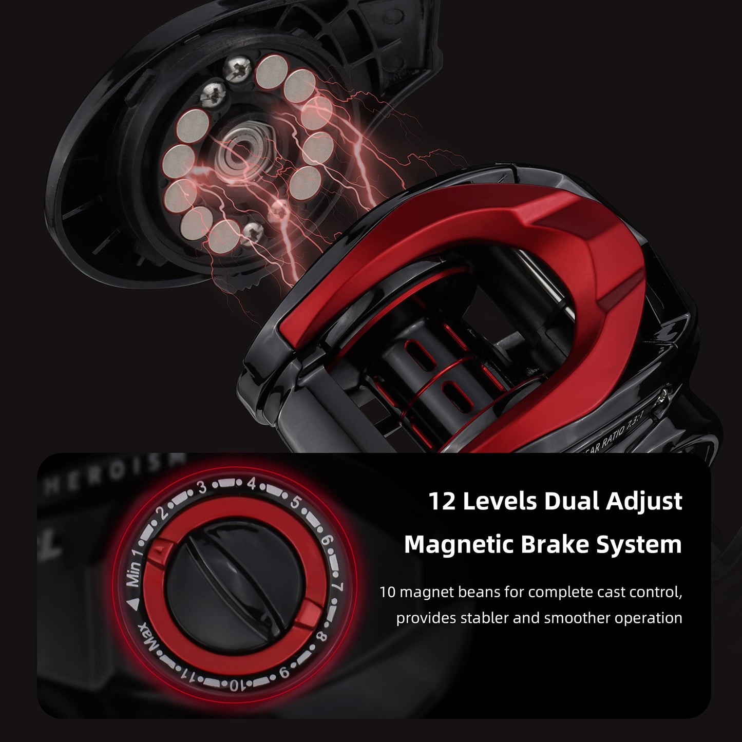 RUNCL Heroism Fishing Baitcasting Reels, 17.64LB Carbon Fiber Baitcasters, 7.3:1 Gear Ratio, 12 Levels Magnet Brake System, 7+1 BB, New Compact Design High-tech Innovation with Fish Bite Alarm System