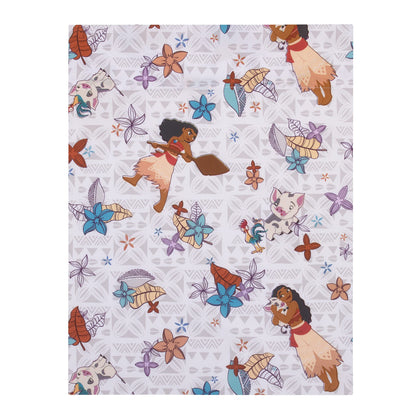 Disney Moana Free as The Ocean Aqua, Purple, Orange and White Tropical 4 Piece Toddler Bed Set - Comforter, Fitted Bottom Sheet, Flat Top Sheet, and Reversible Pillowcase