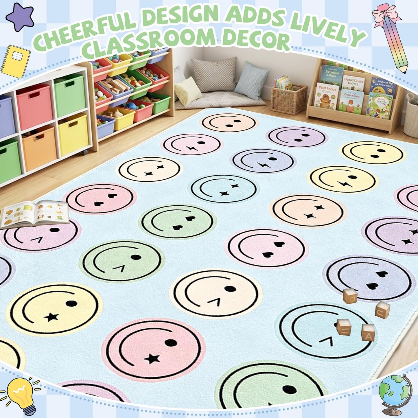 7.6x12 ft Large Smile Face Classroom Rug Happy Face Educational Area Mat Smile Faces Blue & Multicolor Play Carpet Back to School Learning Mat for Preschool Playroom Nursery Kindergarten(Blue)