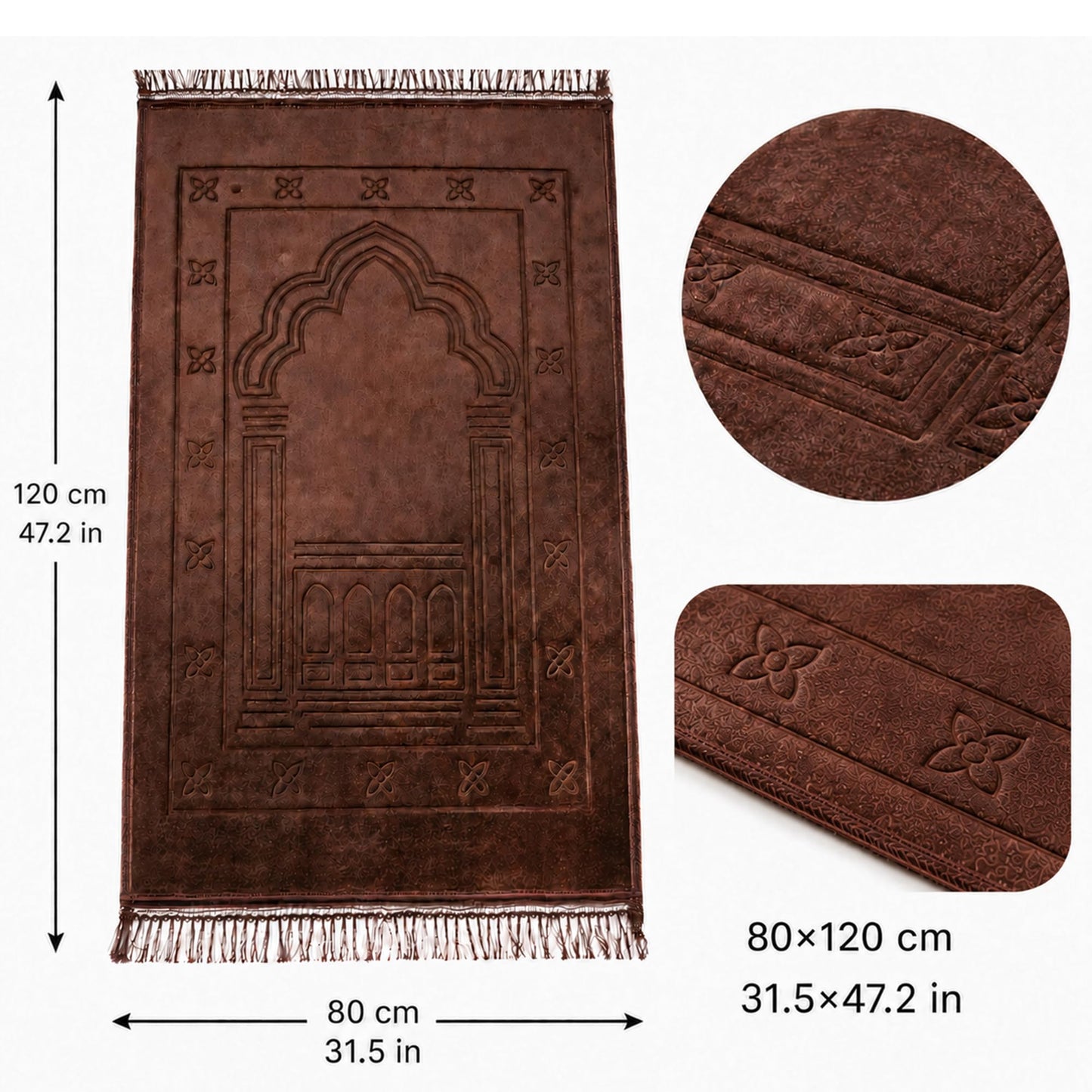 BARQENOR Brown Muslim Prayer Rug Soft Velvet Islamic Sajadah Prayer Mat with Tassels 31.5 x 47.2 in