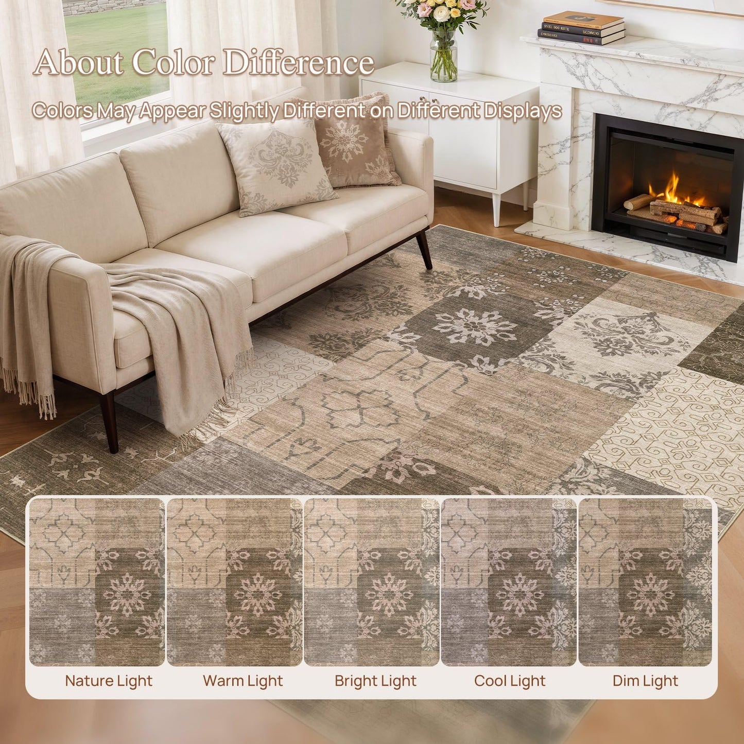 UERMEI 6x9 Area Rug for Living Room, Washable Brown Modern Geometric Patchwork Non Slip Stain Resistant Low Pile Foldable Carpet for Bedroom Dining Farmhouse Home Office