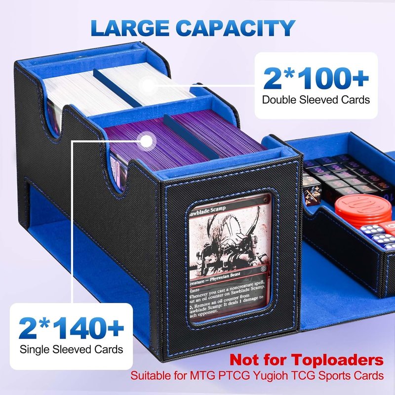 MTG Commander Deck Box - 3-in-1 Magnetic Card Organizer with 2 Top Loaders & Dice Tray | Fits 200 Double Sleeved Cards (Black/Blue)