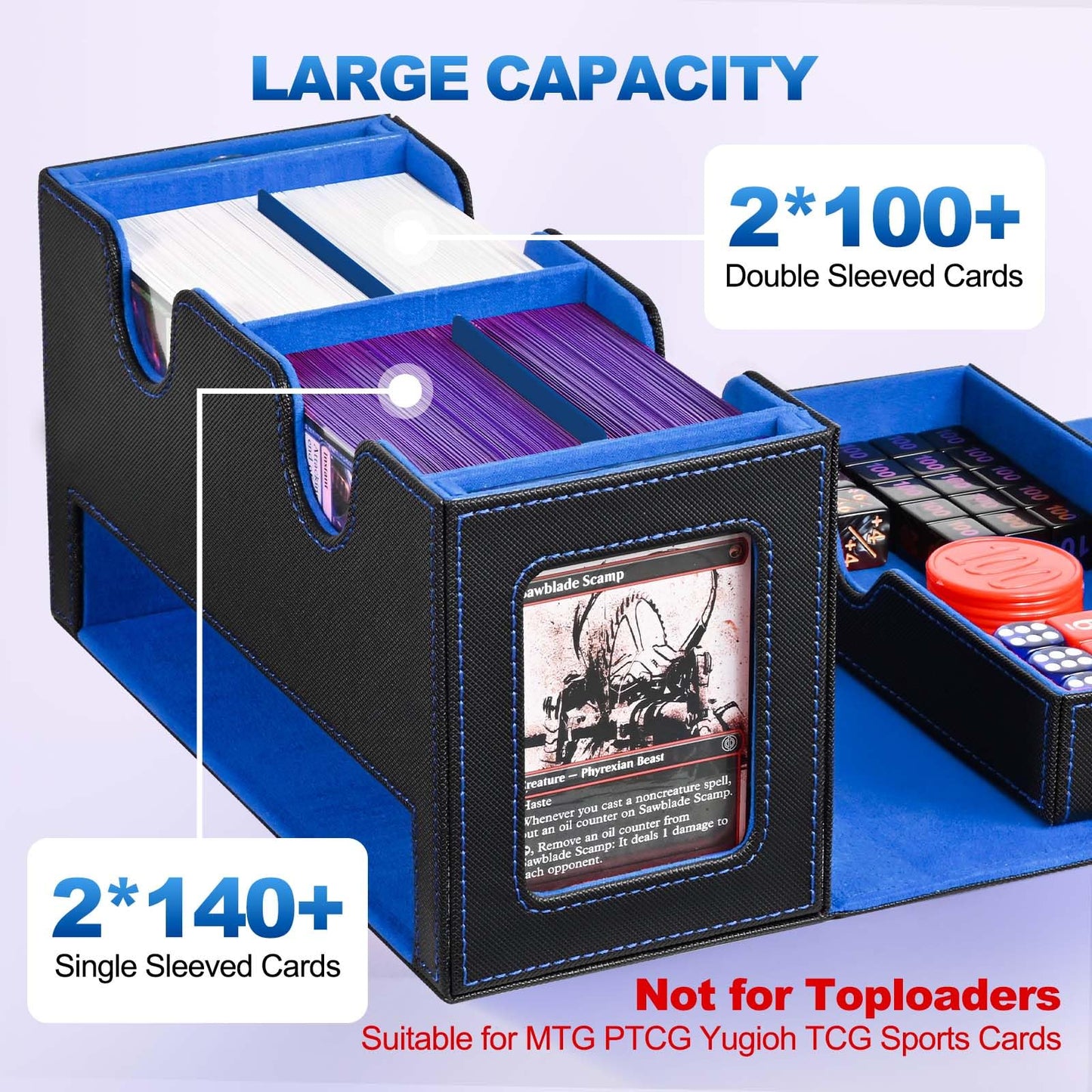 UAONO MTG Commander Deck Box, 3-in-1 Magnetic Card Box with 2 Top Loaders Display & 1 Dice Tray, Fits 200 Double Sleeved, Card Organizer Compatible with Magic the Gathering(Blue Yellow)